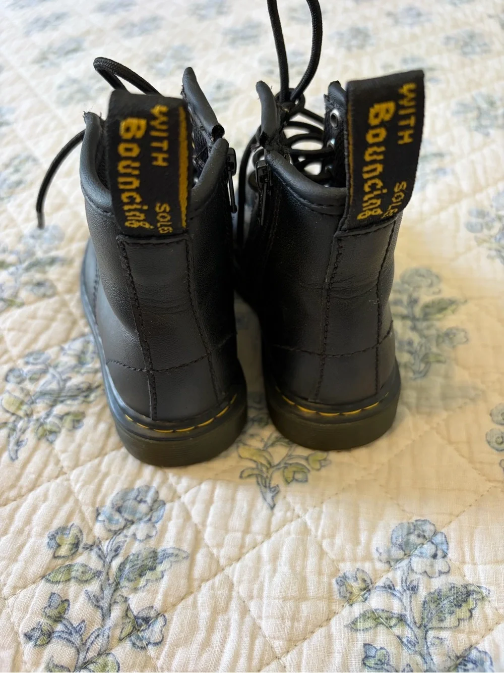 Dr. Martens Black Leather Lace-Up Boots with Yellow Pull Loop